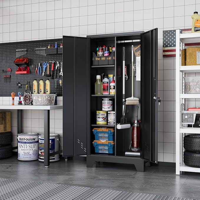 61" Metal Storage Cabinet with Lock for Garage, Utility Closet | Broom Closet with Lockable Doors, Pegboard & Shelves, Steel Tool Cabinet for Home Office, Laundry Room, Living Room, Black