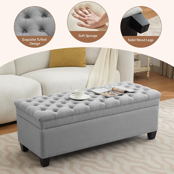 WUTUTUEE 51" Fabric Storage Ottoman Bench, Upholstered Rectangle End of Bed Storage Ottoman Tufted Living Room Bedroom Bench with Safety Hinge, Solid Wood Legs, Loads 500 lb(Light Grey)