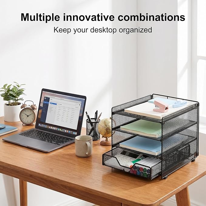 OPNICE Desk Organizer, 4-Tier Desktop File Organizer with Drawer, Office Desk Accessories, File Sorters, Workspace Organizers for Office Supplies(Black Upgraded)