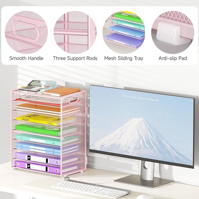 Cawukege 9 Tier Paper Organizer with Handle, Large Capacity Desk Organizer Mesh Paper Letter Tray File Folder Document Sorter for Classroom and Office Accessories Organization- Pink (2 Pack)