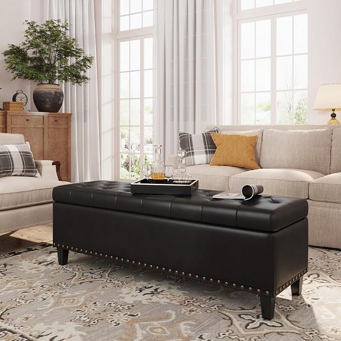 FiveWillowise 51 Inch Storage Ottoman Bench,Large End of Bed Storage Bench | Faux Leather Ottoman with Storage,30 Gallons,Upholstered,with Nailhead Trim,Legs,for Bedroom,Living Room,Entryway,Black