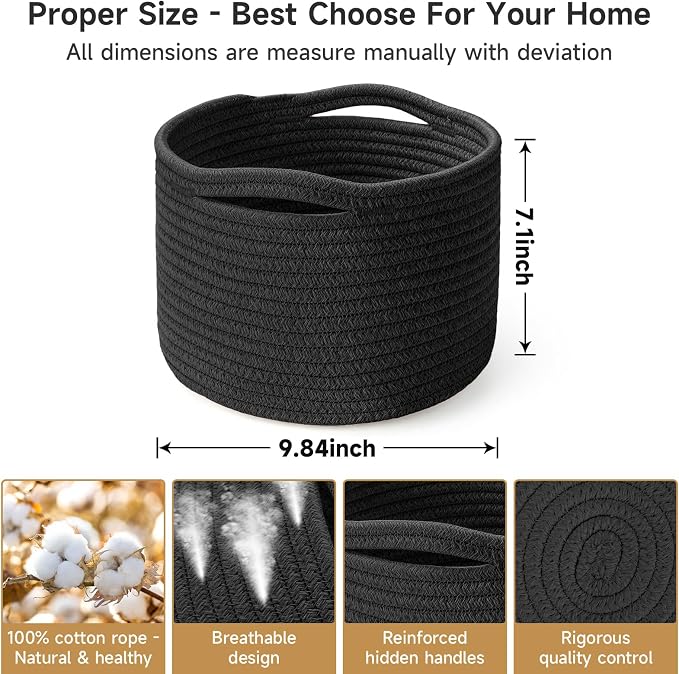 3 Pack Small Rope Storage Baskets, 9.82×9.82×7.1", Black | Cotton Basket for Gifts Empty, Cute Round Woven Basket, Decorative Shelf Basket Organizer, Organizing Basket for Shelves
