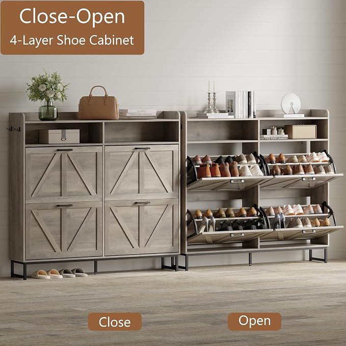 Shoe Cabinet with 4 Flip Drawers, Freestanding Hidden Shoe Storage Organizer for Entryway, Narrow Slim Shoe Rack Cabinet with Open Storage & Hooks for Front Door Entrance, Living Room, Hallway, Grey