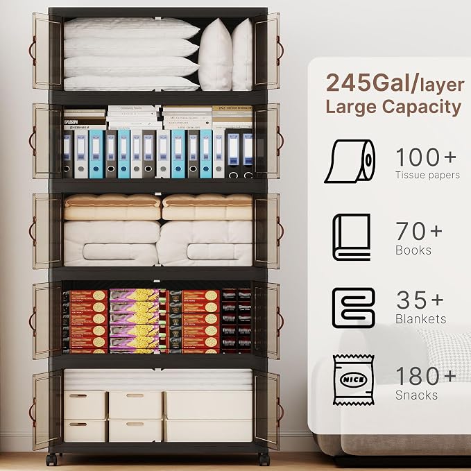 980QT Extra Large Stackable Storage Bins with Lids | & Wheels & Door, 245Gal Foldable Collapsible Closet Organizers, Plastic containers drawers for bedroom Dorm
