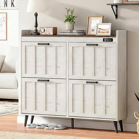 ChooChoo Shoe Storage Cabinet with 4 Flip Drawers and Deodorizer | Shoe Organizer Storage for Entryway, Freestanding Hidden Slim Narrow Shoe Rack Cabinet, Antique White & Brown