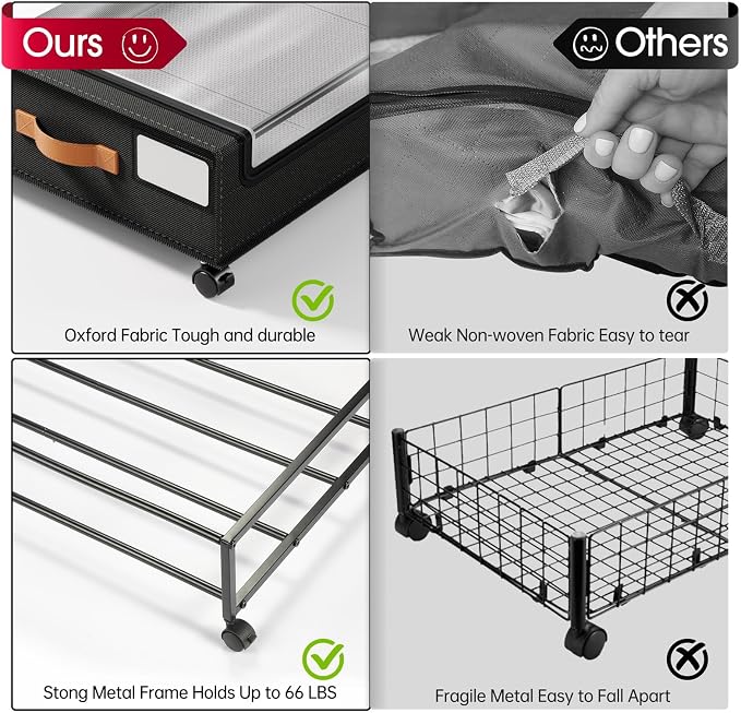Yecaye Under Bed Storage with Wheels 60L, 2 Pack Under Bed Storage Containers, Underbed Shoe Storage with Clear Window & Label, Rolling Under Bed Metal Drawer for Clothes, Shoes, Books, Black