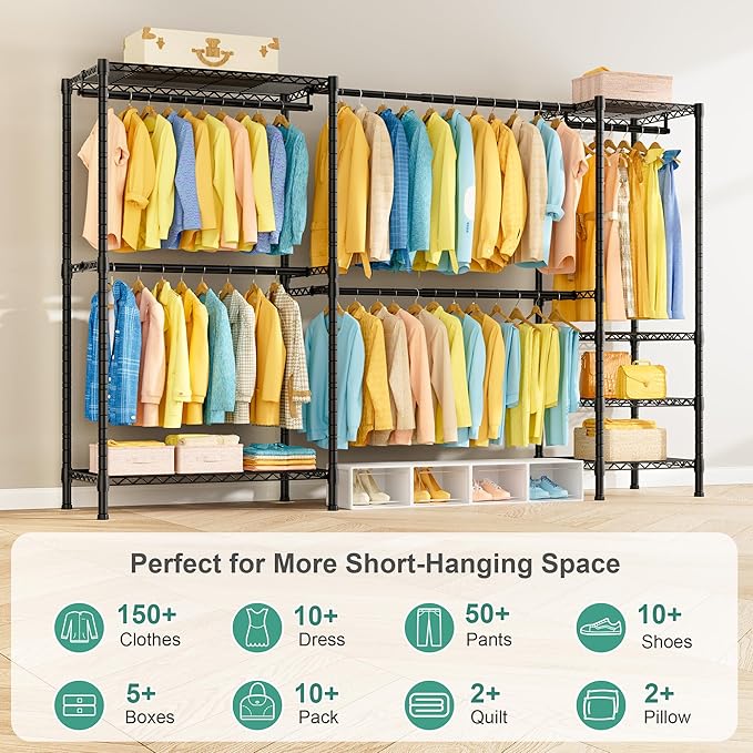 SEMHOR E01 Expandable Heavy Duty Clothes Rack, Free Standing Closet System | 72.5-96" Adjustable Portable Garment & Clothing Racks for Hanging Clothes Carbon Steel, 800LBS Max Load, Black