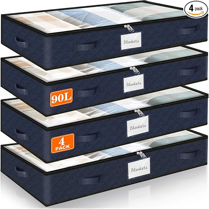 90L Under Bed Storage Containers, Storage Bags, Organizers, 4-Pack, Blue | Foldable, Soft Fabric, Closet Organizers, Reinforced Handle, Label Holder, Clear Window, for Comforters, Clothing, Blankets