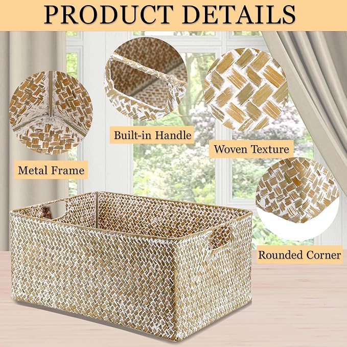 Hipiwe Wicker Storage Basket Bin X-Large Rectangular Opened Baskets Box | Handwoven Seagrass Basket Box with Handle for Shelf Organizing Closet Bathroom, 15.7" L x 11.8" W x 7.5" H
