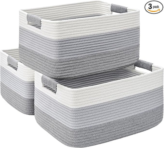 3 Pack Large Storage Basket for Organizing, 17.5"x13"x7" Woven Basket for Shelves, Closet Cube Storage Bins with Wrapped Handle, Cotton Rope Baskets for Kitchen, Clothes, Toys(Gradient Grey)