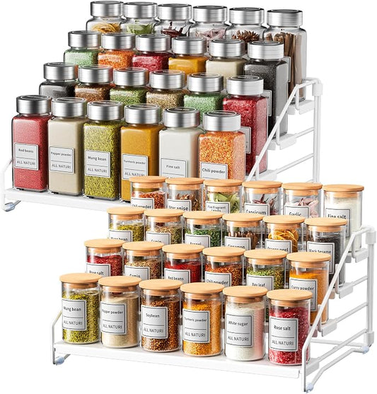 2 Pack Spice Rack Organizer for Cabinet, Depth Adjustable 4 Tier Spice Rack | White, Metal Spice Organization for Cabinet, Easy Visibility, Tiered Spice Rack Perfect for Cabinet, Pantry and Countertop