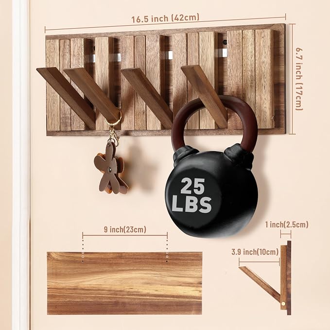 Wall Coat Rack for Entryway: Folding Wood Rustic 8 Hooks | 16.5inch Piano Hanger for Small Space Bathroom Hallway for Towel Backpack Jacket - Farmhouse Design Decor (Neat Style)
