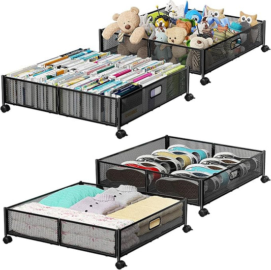PHINOX Under Bed Storage with Wheels & Handle,Metal,Large,4 Pack,Black | Tool-free assembly, glide smoothly, easy reach, foldable, maxmazie low-profile beds, dorm, keep seasonal clothes, shoes fresh