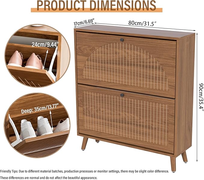 Fsbecl Shoe Storage Cabinet for Entryway with 2 Flip Drawers, Narrow Wood Shoe Cabinet with Fluted Panel, Freestanding Hidden Shoe Organizer for Hallway