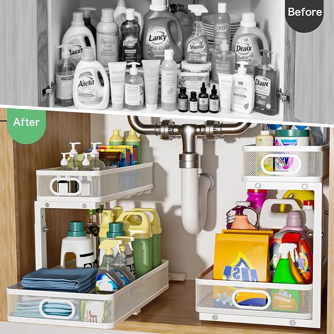 Under Sink Organizer 2 Pack, High Adjustable 2 Tier Under Sink Organizers and Storage, Slide out Metal Cabinet Organizers, Pull out Storage Drawer Shelf for Kitchen Bathroom Cabinet (White)