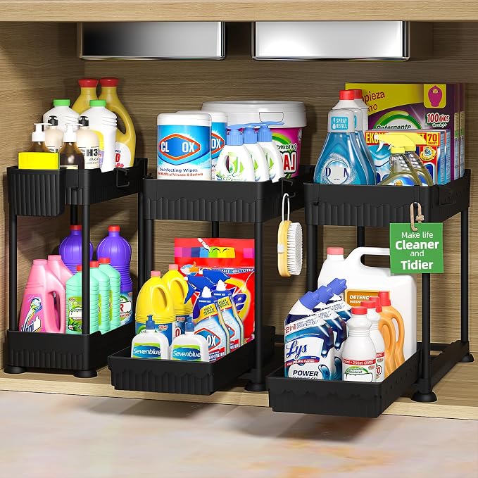 Sevenblue 3-Pack 2-Tier Under Sink Organizers with Sliding Drawers | Multi-use kitchen & bathroom storage, 14.8 inch black cabinet organizer, space-saving sliding drawer design.