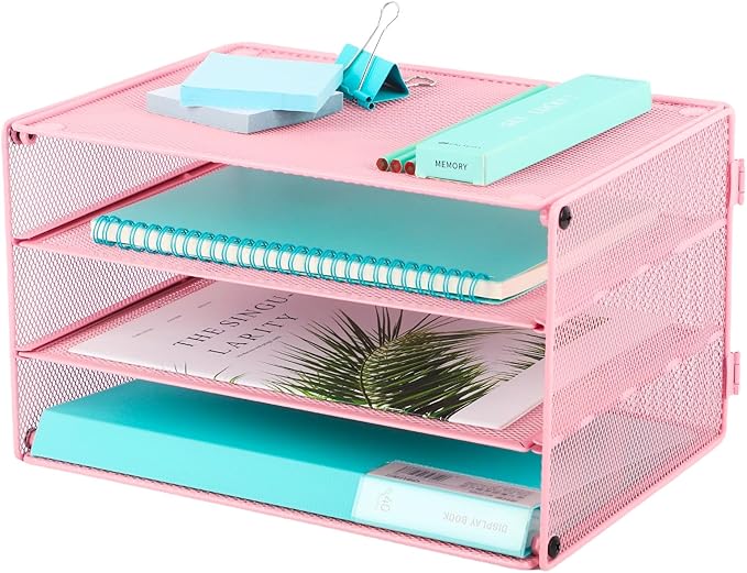 Paper Organizer Tray, 3 Tier Mesh Desk File Organizer Letter Sorter Holder for Home Office, Pink