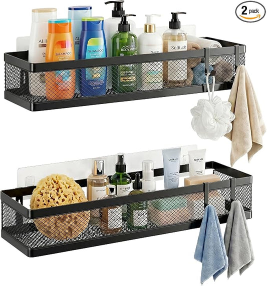 PUSDON 16.5-Inch Extra Long Slim Mesh Shower Caddy, Wall Mounted Bathroom Organizer with Adhesive, Heavy Duty Rustproof Shelf for Narrow Kitchen Pantry & RV, Holds 50 LBS 2-Pack - Matte Black Netting