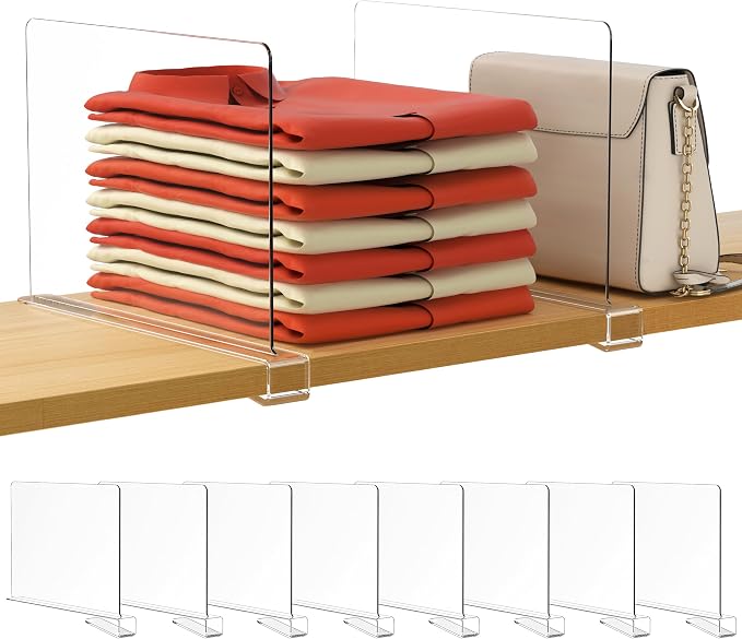 HBlife 8 Pack Clear Shelf Dividers, Vertical Purse Organizer for Closet Perfect for Sweater, Shirts, Handbags in Bedroom and Kitchen, Adjustable Acrylic Bookshelf for Organization