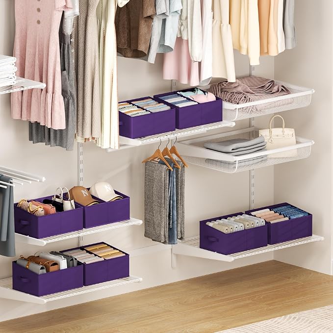 DIMJ Large Closet Shelf Organizer Bins 8 Packs with Handles and Divider, Fabric Trapezoid Storage Baskets, Foldable Clothes Containers Box for Shelf, Towel, Book, Toy, Purse, Hats, Purple