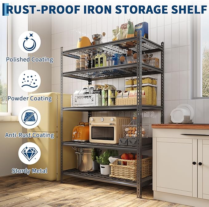 Garvee 5 Tier Metal Storage Shelving Unit 36" W Adjustable Garage Shelving | Heavy Duty Garage Shelving 2200 LBS Storage Shelves for Garage Kitchen Pantry Warehouse Basement 36" W × 16" D × 72" H