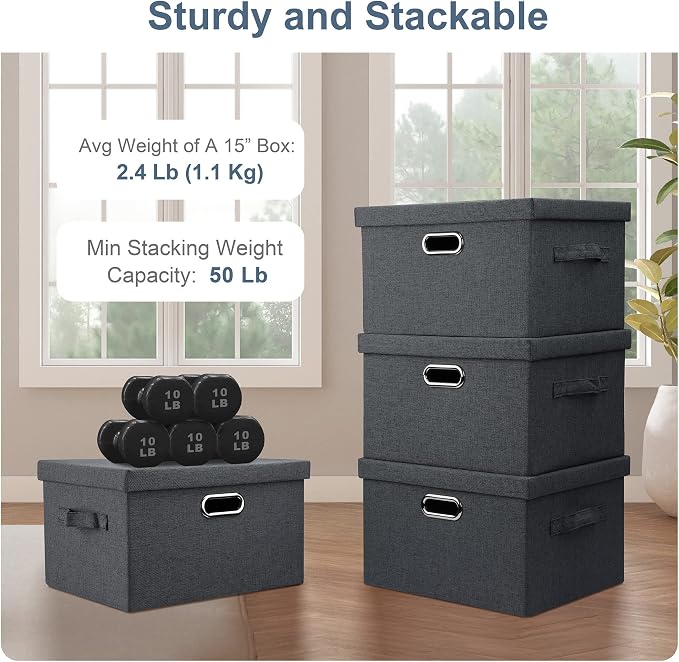 Graciadeco Medium 15" 21 Quart Collapsible Stackable Storage Bins with Lids, 5 Packs Dark Gray Foldable Fabric Closet Storage Boxes with Lids, Lidded Heavy-duty Linen Baskets(15x11x8) | 21 Quart 5 Pack Dark Gray Collapsible Stackable Linen Fabric 4 Han...