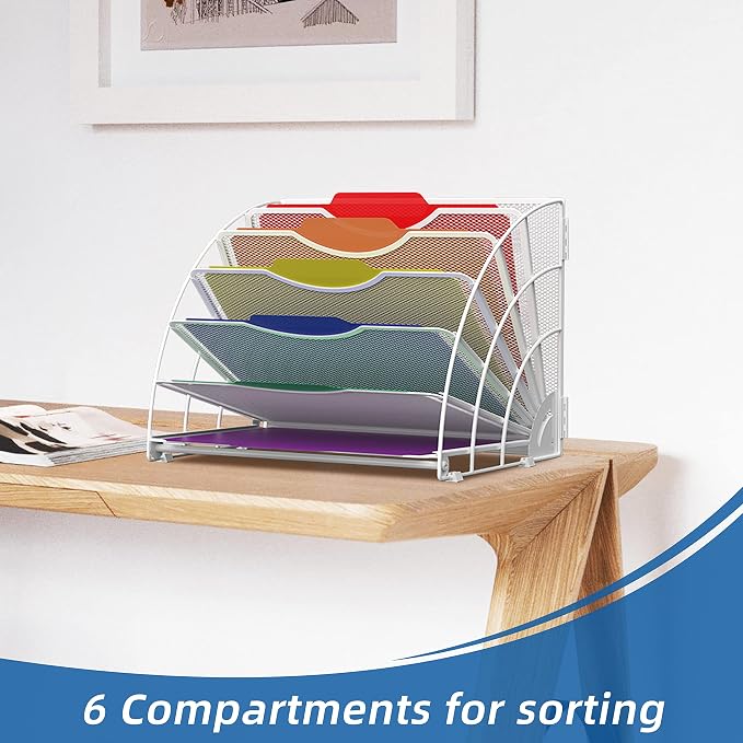 Fan Shaped Desk File Organizer, Paper File Holder for Desk, White | Metal mesh frame, tiered open design for easy access, organizes papers, folders and books for offices, schools and classrooms