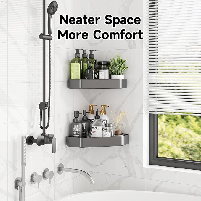 Veken Aluminum Corner Shower Caddy 4-Pack, Never Rust&Large Capacity, Grey | No Drilling Shelves, Rack with Soap Holder&Towel Bar, Super-Strong Adhesive for High Load, Bathroom Organizers and Storage