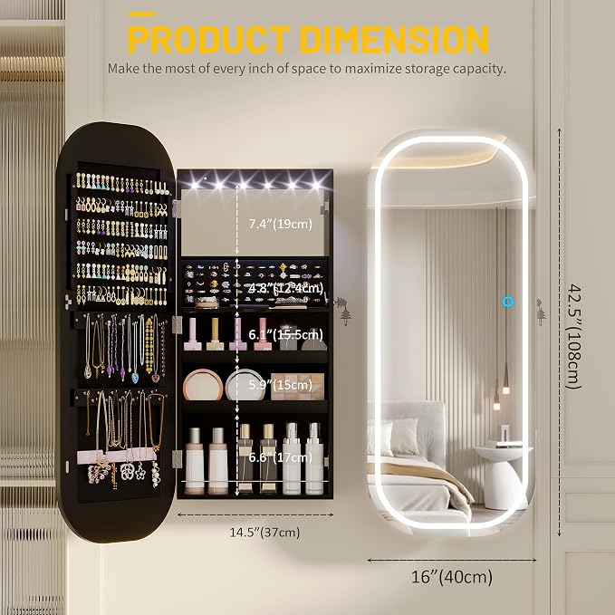 LED Mirror Jewelry Cabinet, Wall/Door Jewelry Organizer, 16" W Black | Lockable Jewelry Armoire with Full Length Mirror, 65 Ring and 108 Earring Slots, Foldable Shelf, Rounded Corner