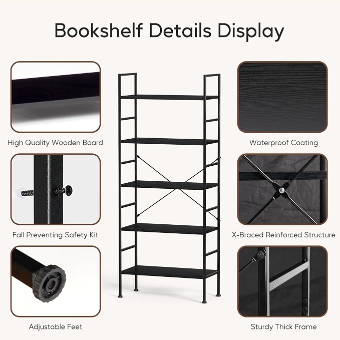 HealSmart 5 Tier Bookshelf, Free Standing Book Shelf Home Office Bookcase Shelf Storage Organizer for Bedroom, Living Room, Bathroom, Office, Balcony, Black