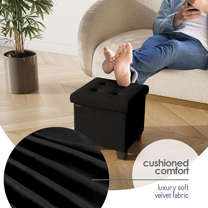Storage Ottoman Cube with Small Bin, 15-in Square Ottoman with Storage for Living Room and Bedroom, Small Ottomans Foot Rest, Velvet Foot Stools Ottomans Max 330lbs, Black