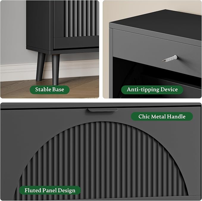 Xixini Shoe Storage Cabinet with 3 Flip Drawers, 50" Tall Narrow Wood Fluted Shoe Organizer for Entryway, Freestanding Wooden Hidden Slim Shoe Rack for Front Door Entrance, Hallway, Foyer, Solid Black