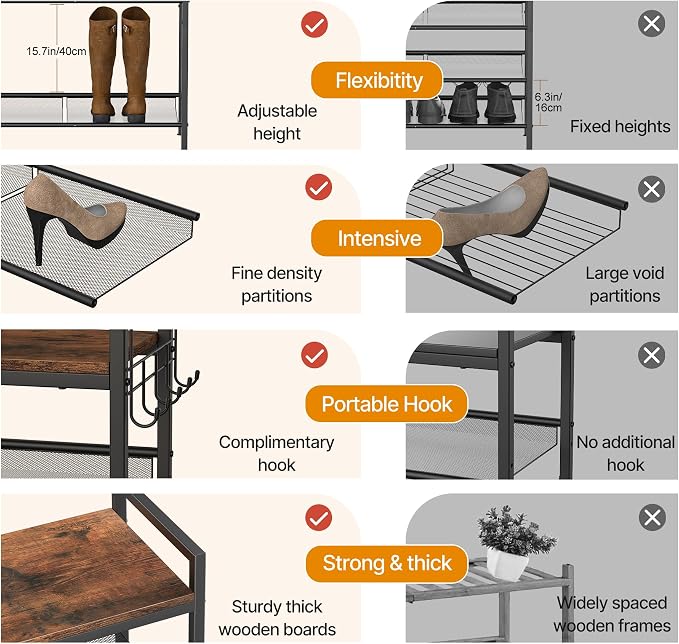 5 Tier Shoe Rack, Shoe Rack for Entryway with Hook, Shoe Organizer with Adjustable Mesh Shelves, Metal Shoe Storage, Closet, Bedroom Living Room Garage