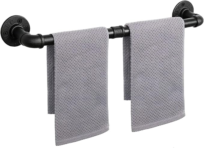 Industrial Pipe Towel Rack Towel Bar, Heavy Duty Wall Mounted Rustic Farmhouse Bath Towel Holder for Bathroom (Black, 24 inch)