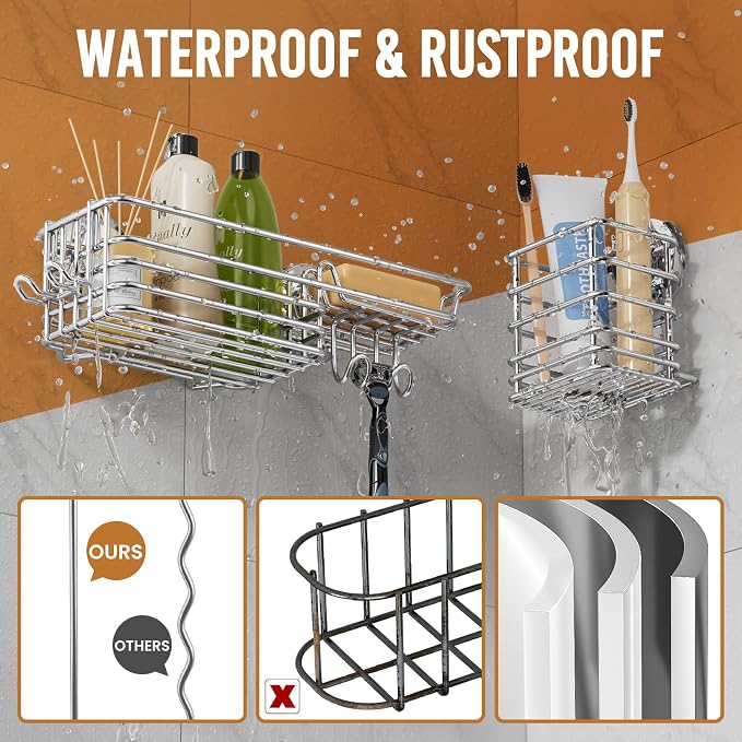 LEVERLOC Shower Caddy Suction Cup, 3 Pack Heavy Duty Shower Organizer | Silver Shower Caddies with Hooks, Soap Holder, Removable Bathroom Organizer, Rustproof Shower Storage, No Drill Shower Basket