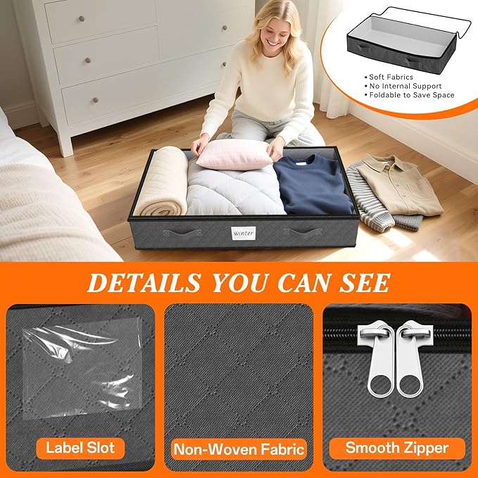 90L Under Bed Storage Containers, Storage Bags, Organizers, 4-Pack, Gray | Foldable, Soft Fabric, Closet Organizers, Reinforced Handle, Label Holder, Clear Window, for Comforters, Clothing, Blankets