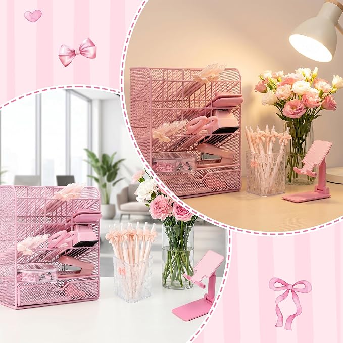 WATINC Pink Desk Organizer Accessories - 21pcs Aesthetic Office School Storage Supplies with Mesh Desk Organizer, Bow Pen Holder, Tape Dispenser, Ruler, Clip, Phone Stand Stationery Kit for Girl Women