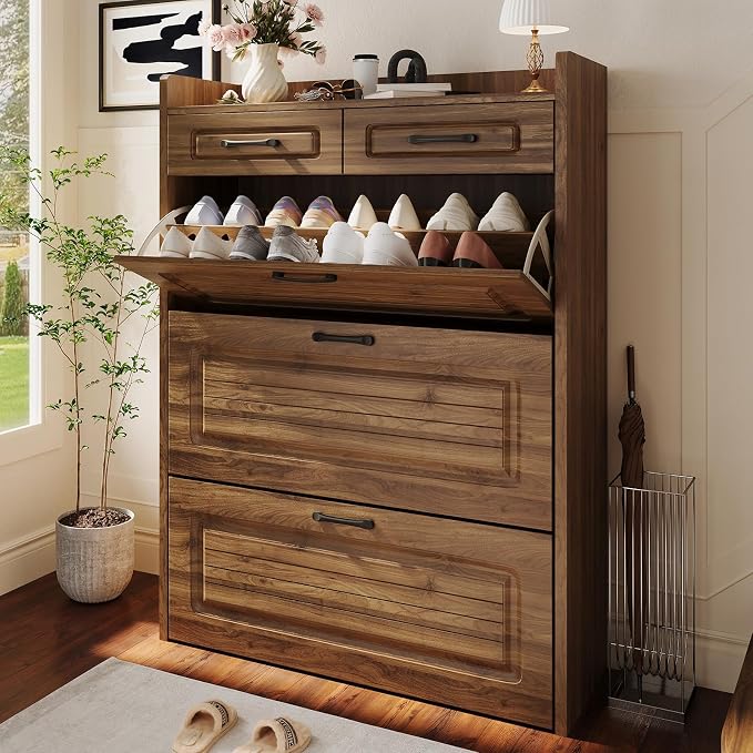 ODUWA Shoe Cabinet with 3 Flip Drawers and 2 Storage Drawers, Shoes Organizer Cabinets with Adjustable Divider, Hidden Shoe Rack Shoe Storage Cabinet for Entryway, Hallway, Walnut