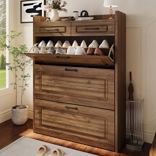 ODUWA Shoe Cabinet with 3 Flip Drawers and 2 Storage Drawers, Shoes Organizer Cabinets with Adjustable Divider, Hidden Shoe Rack Shoe Storage Cabinet for Entryway, Hallway, Walnut