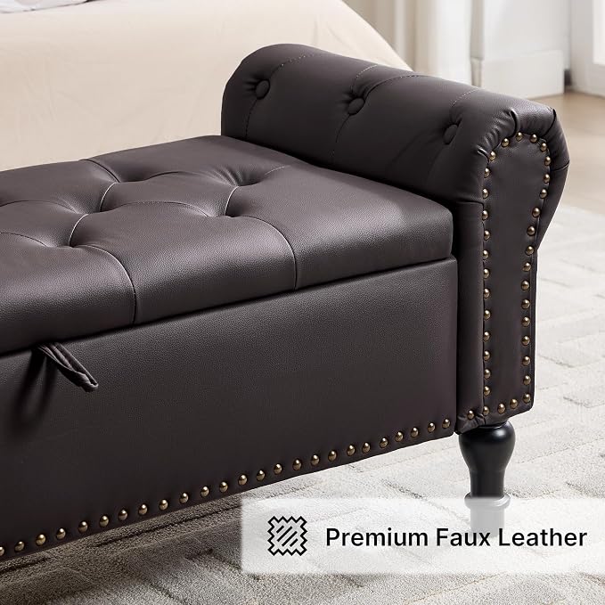 51" Storage Bench for Bedroom, Faux Leather End of Bed Bench, Queen Size Bench with Rolled Arms, Tufted Storage Ottoman Benches, Upholstered Bench for Bedroom, Living Room, Entryway, Dark Brown