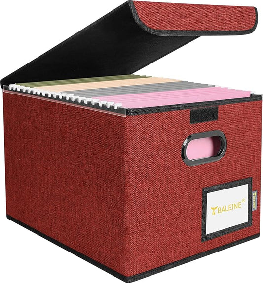 BALEINE File Organizer Box with Lid, Collapsible File Folder Organizer with Plastic Slide, Hanging File Folder Box for Office Document Storage (1 Pack, Red)