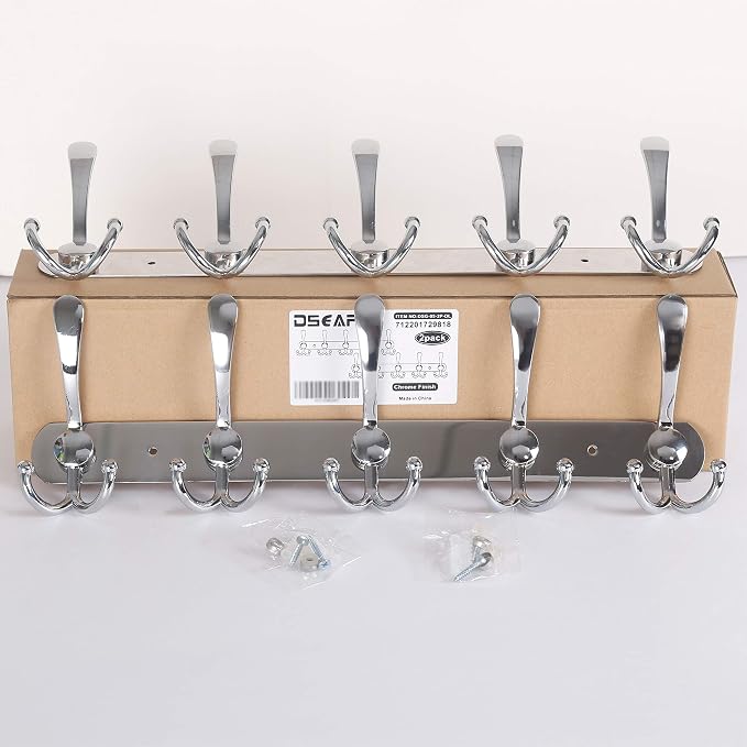 Dseap Wall Mounted Coat Rack - 5 Tri Hooks, Heavy Duty, Stainless Steel, Metal Coat Hook Rail for Coat Hat Towel Purse Robes Mudroom Bathroom Entryway (Chromed, 2 Packs)