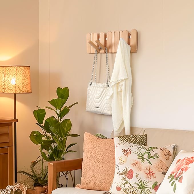 Wooden Boho Wall Mount Coat Rack 6 Hooks 16.8'' | Entryway Hanger with Magnetic Foldable Hooks Mounted, Space Saving for Hanging Jacket Bag for Apartments & Modern Homes