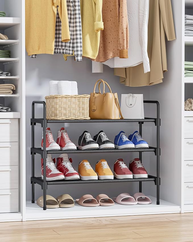 Kitsure Shoe Rack for Closet, Shoe Storage, 27.6" Wide - 3 Tiers, Black | Shoe Organizer for Closet, Entryway, Living Room, Space-Saving Shoe Shelf, Sturdy Zapateras Organizer