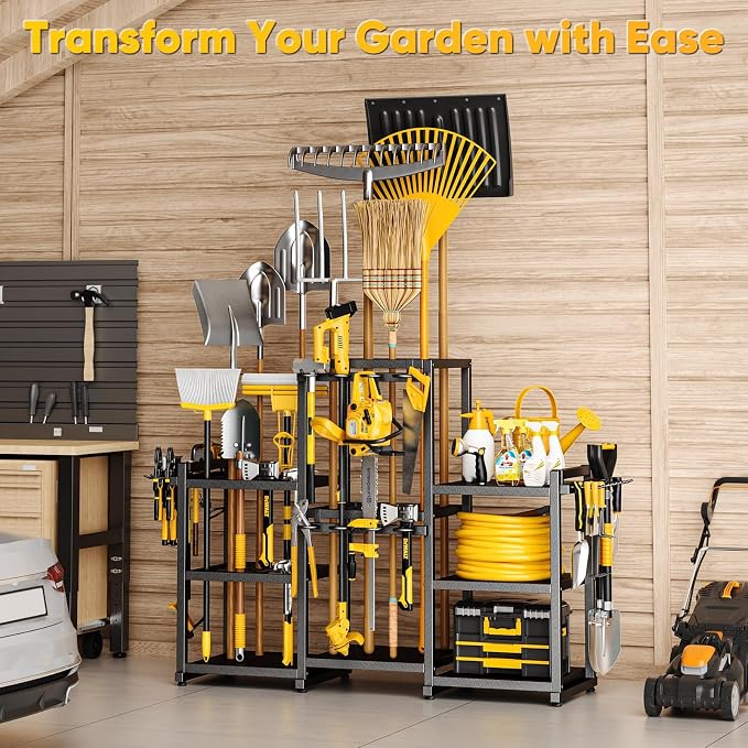 POKIPO 42" H Large Garden Tool Organizer, Holds Up to 86 Tools, Heavy Duty Yard Tool Organizer for Garage, 61“ Wide Lawn Freestanding Tool Storage Rack for Outdoor Shed Tool Rake, Shovel, Brooms