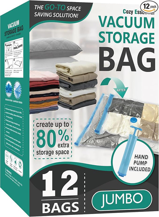 Cozy Essential Vacuum Storage Bags, 80% Compression Vacuum Seal Space Saver Plastic Packaging Bags for Clothes, Blankets, Pillow, Bedding, Comforters, Sealer Clothing Storage,12 Jumbo