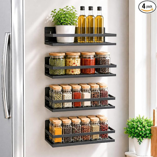 SMRCAD 4 Pack Metal Magnetic Spice Rack for Fridge – Heavy-Duty | Iron Construction, Rust-Resistant, Dust-Resistant, Fits Condiment Bottles, Includes Screws for Optional Wall Mount