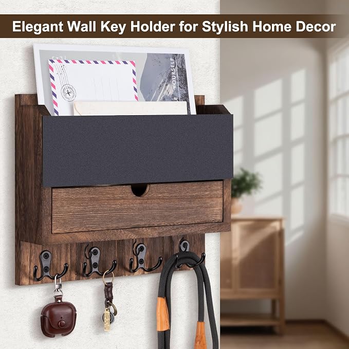 Mail and Key Holder Wall Mount with Storage Drawer & Chalkboard Panel | Modern Wooden Mail Organizer for Wall Entryway, 7 key hooks, Stylish Home Decor for Apartments, Living Room, Office