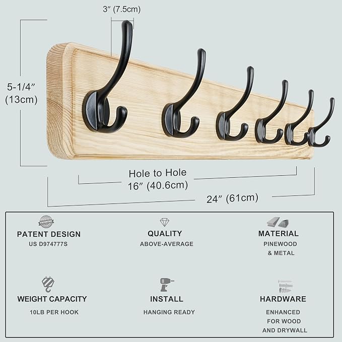 Coat Rack Wall: 24" Long, Patented, Heavy-Duty, 6-Double-Hooks Wooden Wall Mounted Coat Rack Coat Hanger Hook Rail for Winter Coats Hat Jacket Clothing, Light Brown