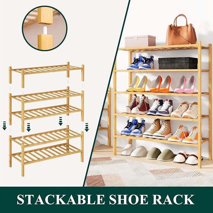 Smiry Bamboo Shoe Rack, 12 Vertical Slats, 2 Tier - 26.8" Wide, Natural | Stackable Free Standing Wooden Shoe Organizer, Wood Shoe Storage Shelf for Closet, Entryway